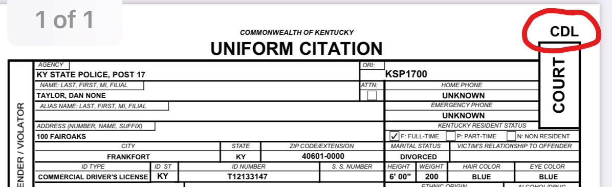 CDL changes to the Kentucky Uniform Citation